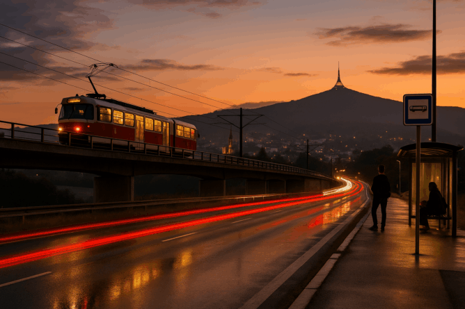 Večerní Liberec po dešti: v popředí mokrá I/35 s červenými světelnými stopami aut, vpravo zastávka s lidmi, vlevo na mostě projíždí tramvaj Liberec–Jablonec, v pozadí Ještěd.