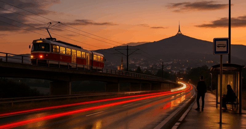 Večerní Liberec po dešti: v popředí mokrá I/35 s červenými světelnými stopami aut, vpravo zastávka s lidmi, vlevo na mostě projíždí tramvaj Liberec–Jablonec, v pozadí Ještěd.