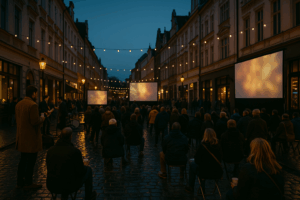 Večerní Pražská ulice v Liberci během KI-NO Urban Festivalu — dav lidí sleduje tři venkovní projekční plátna pod řetězy světýlek, mokrá dlažba odráží teplé světlo