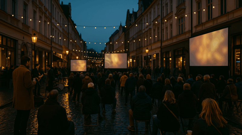 Večerní Pražská ulice v Liberci během KI-NO Urban Festivalu — dav lidí sleduje tři venkovní projekční plátna pod řetězy světýlek, mokrá dlažba odráží teplé světlo