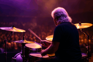 Bubeník se stříbrnými vlasy u bicích na pódiu v purpurovém a jantarovém světle; lesklé činely, rozmazaný pohyb paliček a publikum rozostřené