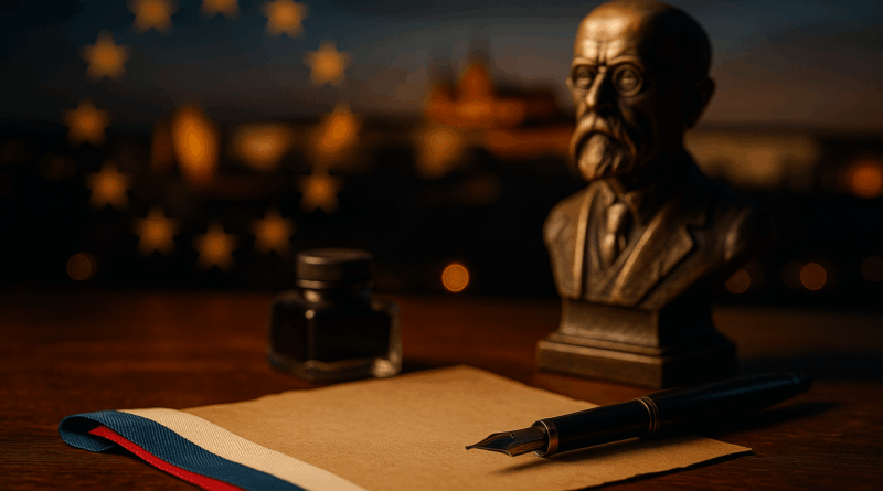 Detail starého dřevěného stolu s plnicím perem, inkoustem, malou bustou T. G. Masaryka a smyčkou české trikolóry; v rozostřeném pozadí silueta Pražského hradu a jemný kruh hvězd EU.