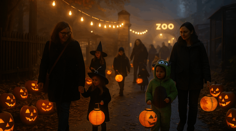 Večerní cesta v zoo osvětlená lampionky a dýněmi, rodiny s dětmi v jednoduchých kostýmech procházejí mlhou směrem k areálu.
