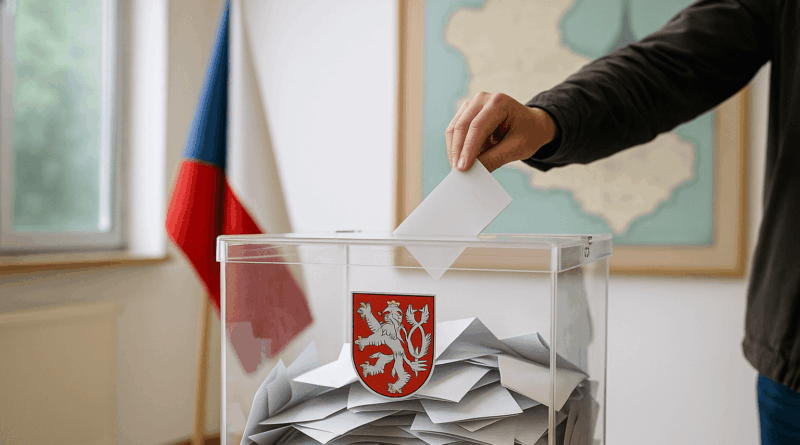 Průhledná volební urna plná hlasovacích lístků, do níž volič vkládá další lístek; v pozadí česká vlajka a mapa Libereckého kraje.