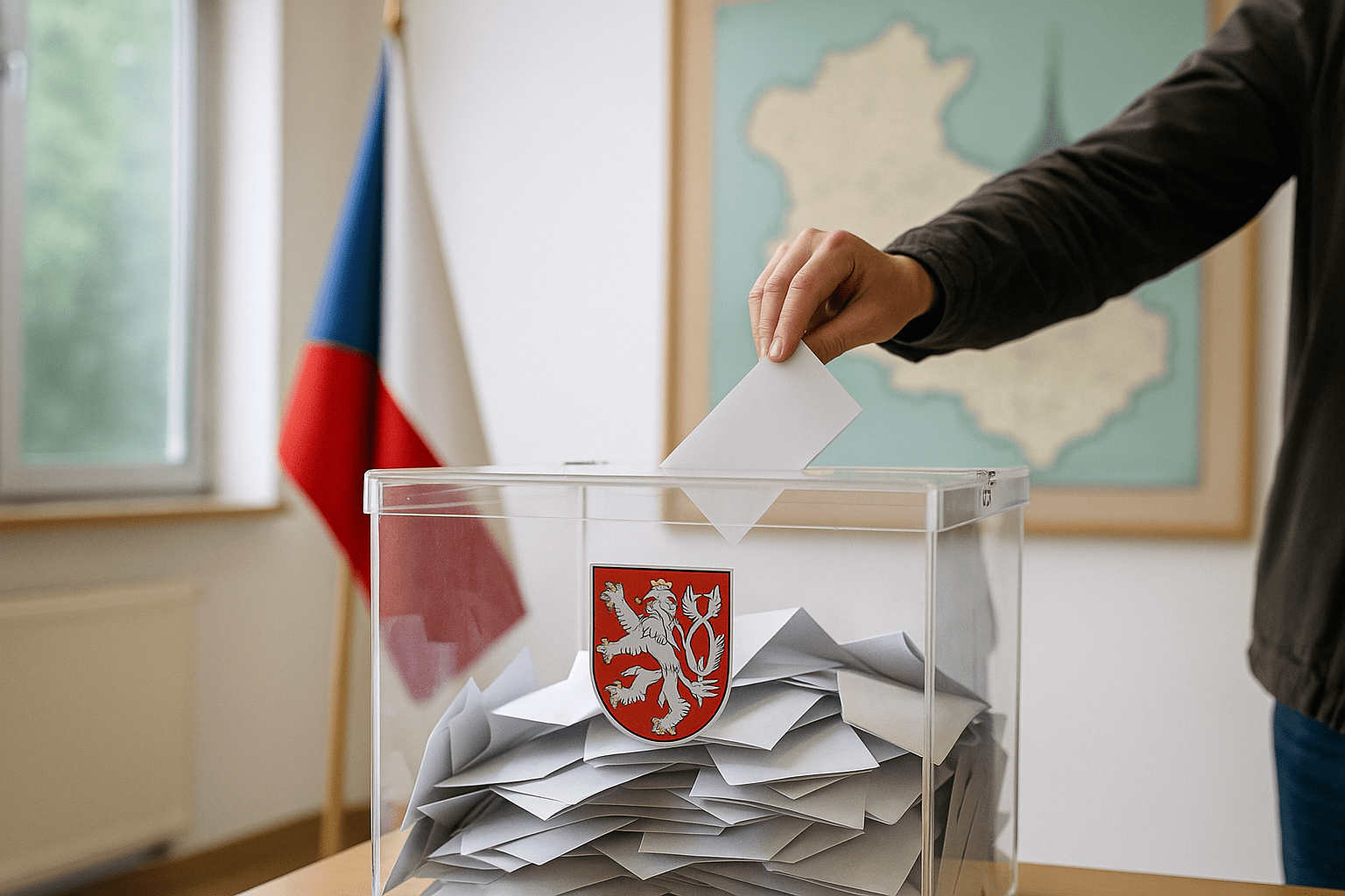 Průhledná volební urna plná hlasovacích lístků, do níž volič vkládá další lístek; v pozadí česká vlajka a mapa Libereckého kraje.
