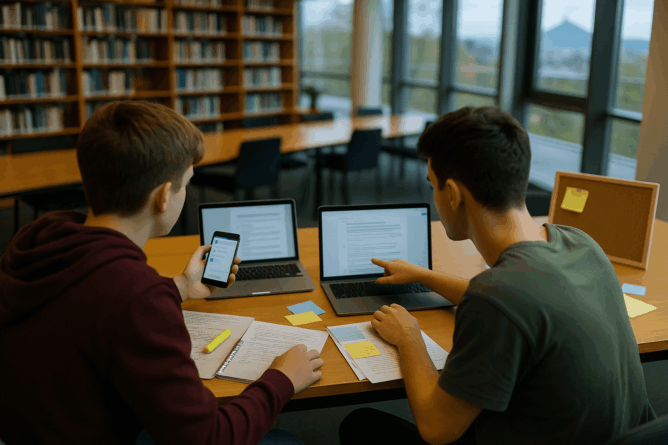 Studenti v knihovně sdílejí a probírají studijní materiály – otevřené notebooky, vytištěné poznámky a zvýrazňovače na velkém stole.