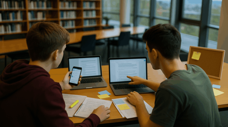 Studenti v knihovně sdílejí a probírají studijní materiály – otevřené notebooky, vytištěné poznámky a zvýrazňovače na velkém stole.