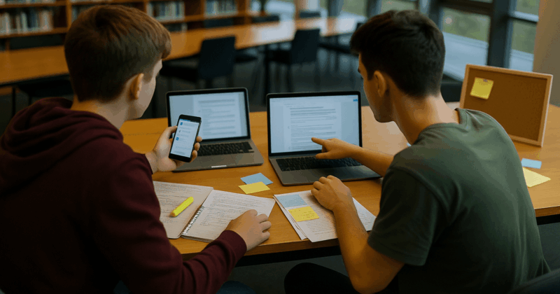 Studenti v knihovně sdílejí a probírají studijní materiály – otevřené notebooky, vytištěné poznámky a zvýrazňovače na velkém stole.